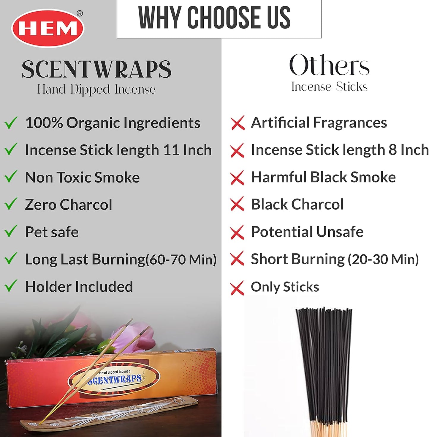 Hem Incense Sticks Variety Pack Set of 5 Packs (12 Stick x 5 Pack,60 Sticks), Hem Scentwrap 11 inches Natural Hand Dipped Insenses with Raajsee Incense Holder Bundle, Free from Chemicals Non Toxic