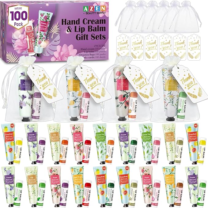 AZEN 100 Sets Hand Cream Bulk and Lip Balm Bulk Set, Bridal Shower Gifts for Guests with Organza Bag Thank You Card, Thank You Gifts for Coworkers Women Men, Bridal Wedding Favors for Guests