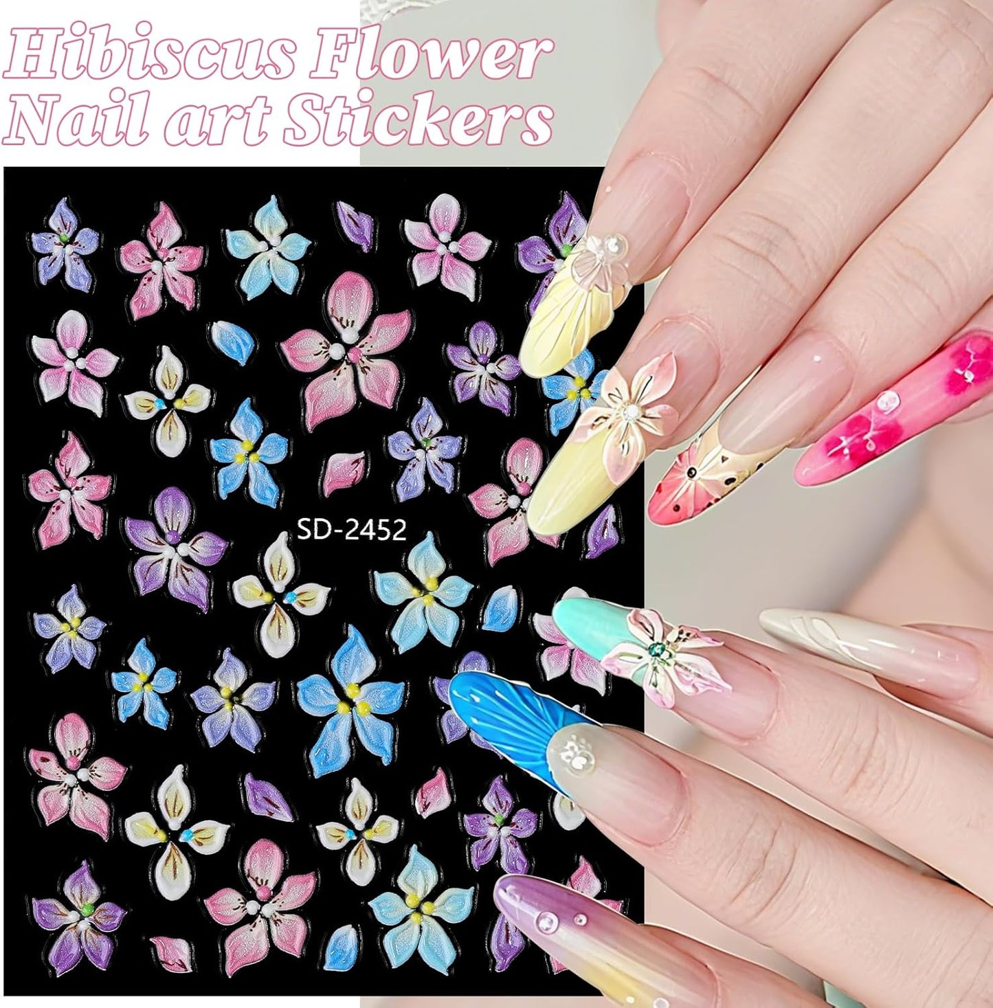 Hawaii Flower Nail Stickers 6 Sheets 5D Embossed Floral Nail Decals Pink Blue Hibiscus Nail Art Stickers for Women DIY Manicure Supplies Decorations
