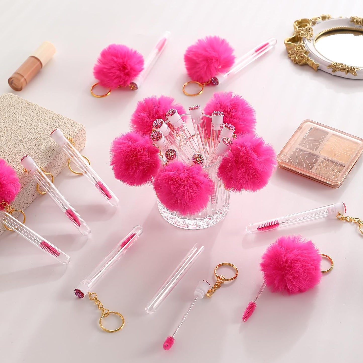 Upgrade 48 Pieces Disposable Mascara Wands Set,Diamond Mascara for Women and Girls- Include 24 Pcs Crystal Lash Spoolies Brush and 24 Pcs Reusable Keychain Empty Eyelash Brush Tubes