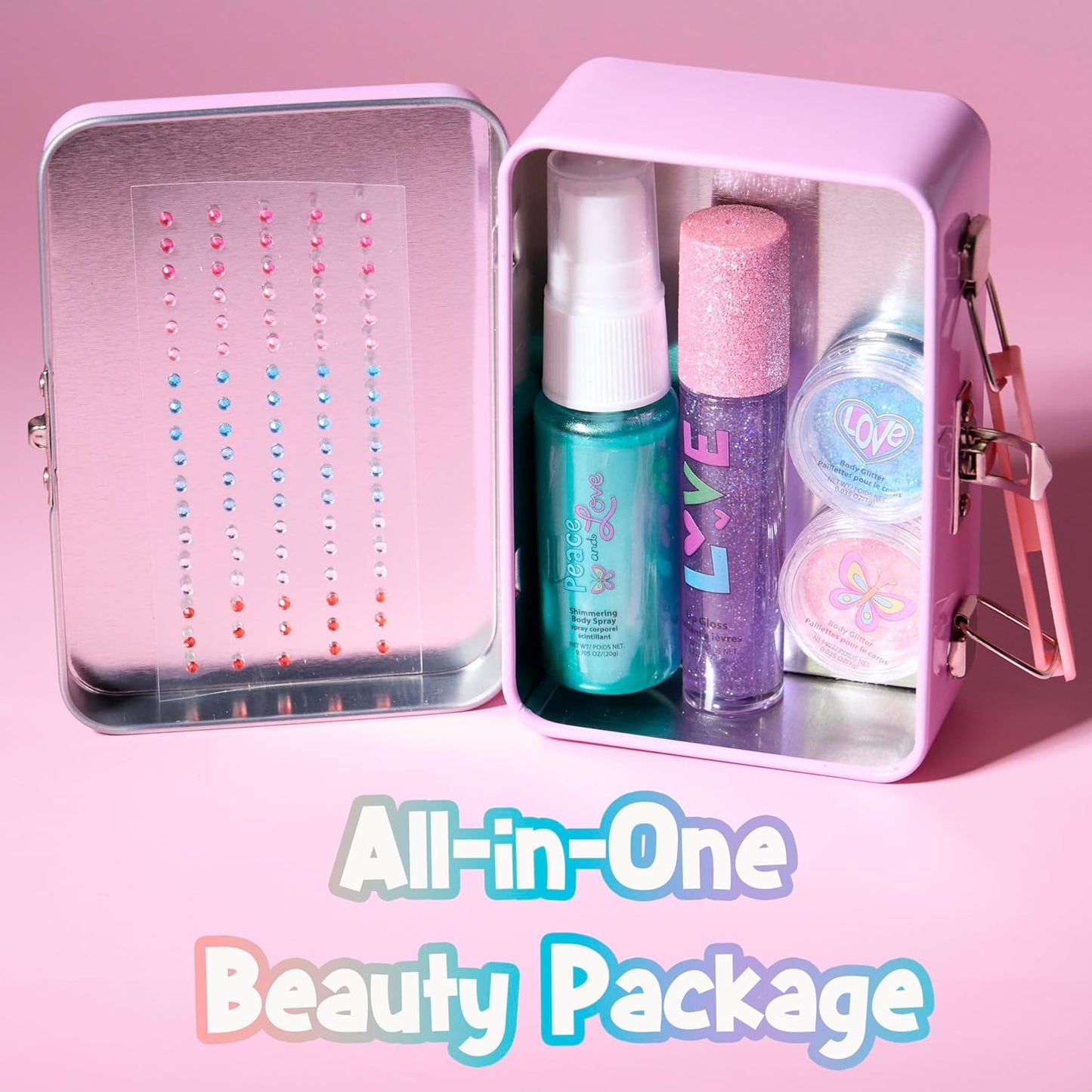 Expressions 6pc Peace & Rhinestones Beauty Set w/Tin Box Storage Case - Body Spray, Body Glitter, Mini Body Gems, and Lip Gloss Set,Washable + Non Toxic