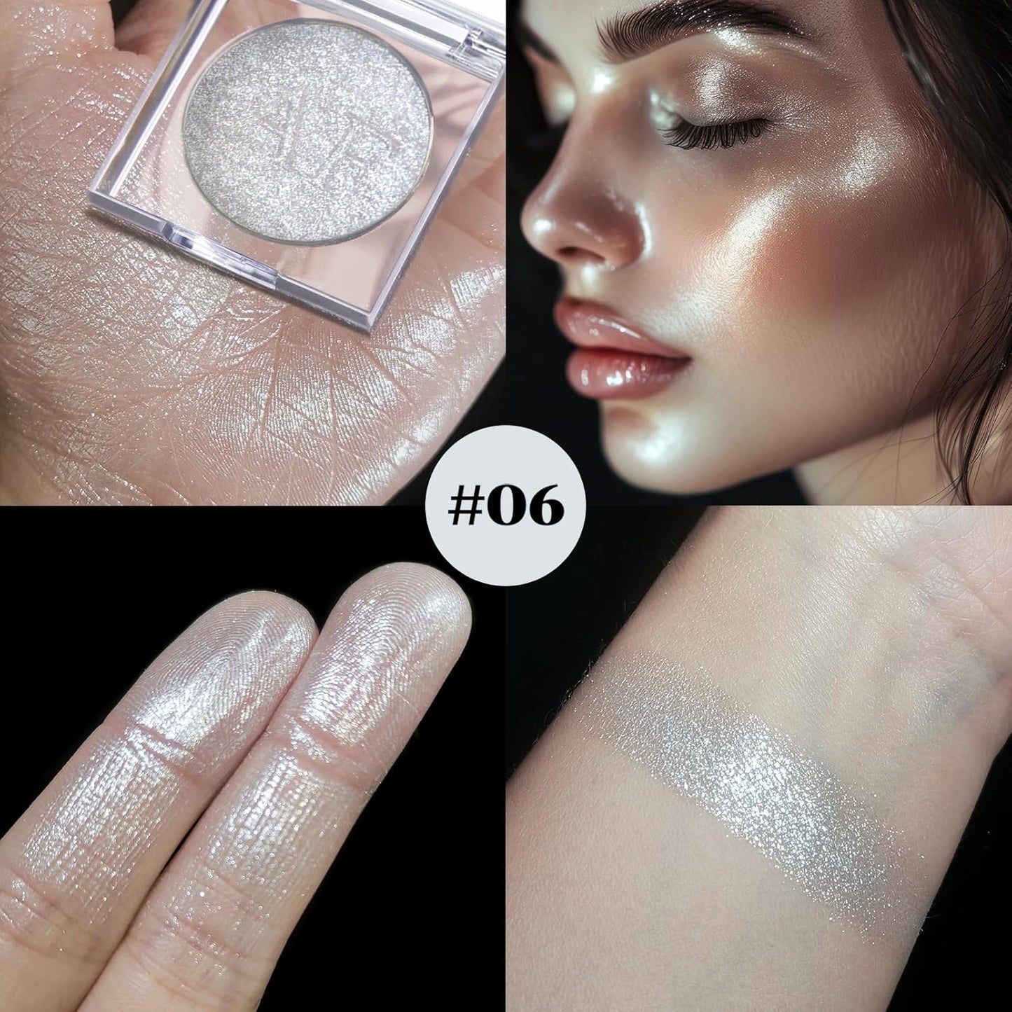 Highlighter Makeup Palette, Long Lasting New Formula, Pearlescent Silver-White Shimmer, Sheer Base, Ideal for Face and Body Contour and Cheek Highlight (#06) Silver-White Pearlescent Shimmer