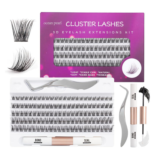 Individual Lashes 120 Cluster Lashes DIY Eyelash Extension Thin Band Wide Stem Lash Clusters with Applicator and Lash Bond and Seal Lash Extension Kit Mix 10-16mm Length C/D Curl - OP17