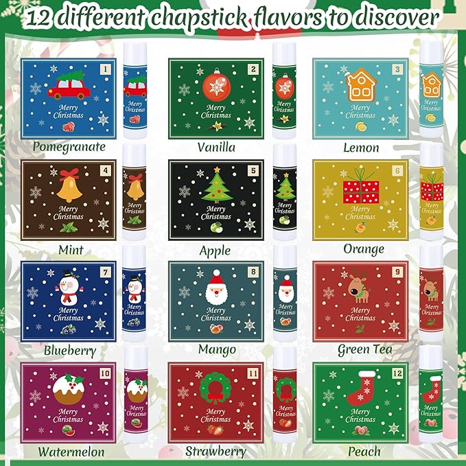 48 Pcs Christmas 12 Days Holiday Lip Balm Gift Set Lip Care Assorted Flavors Ingredients Lip Balm for Dry Chapped Lip Women Men Children Coworker 12 Assorted Flavors Christmas Party
