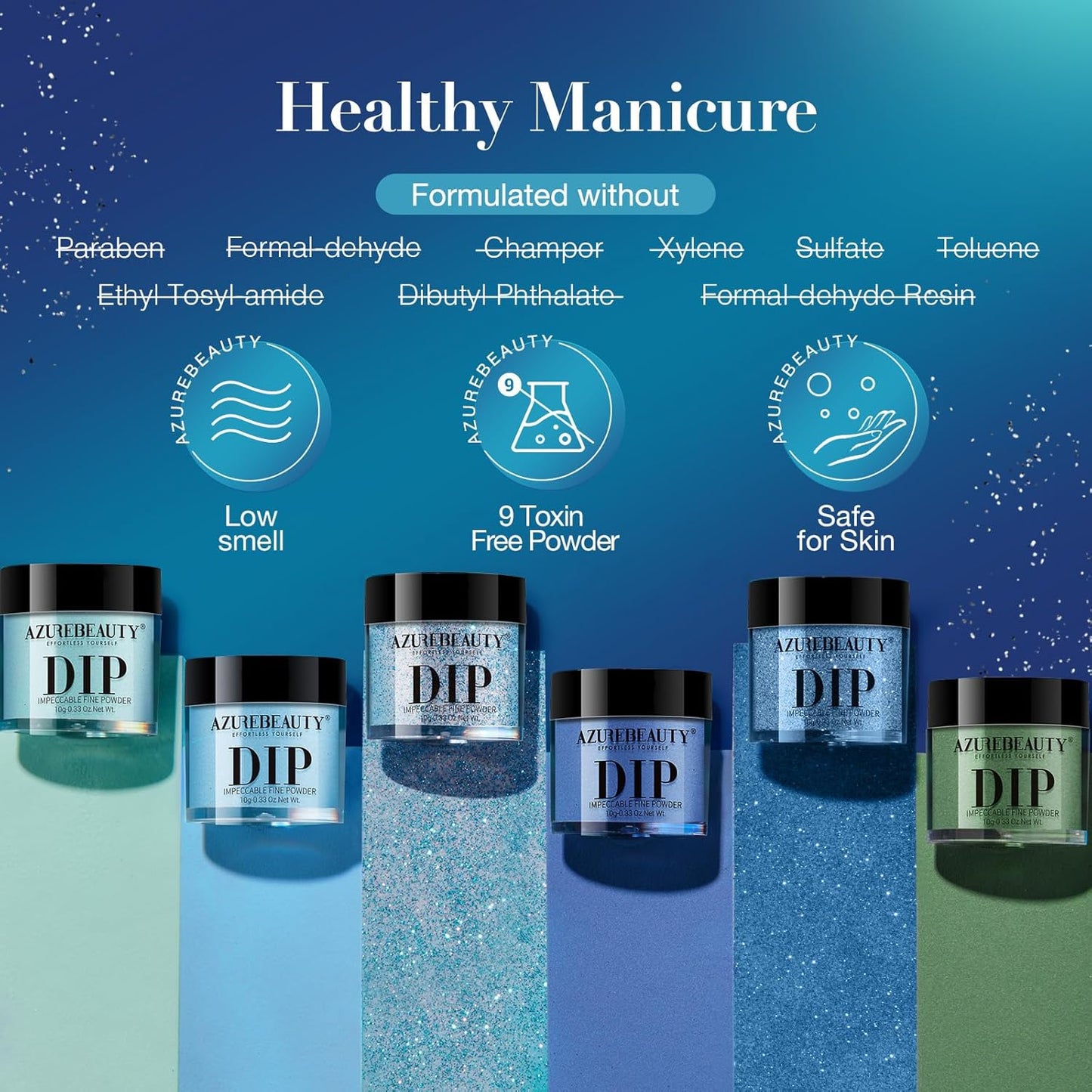 AZUREBEAUTY Dip Powder Nail Set Blue Green Shimmery, All Seasons 6 Colors Dipping Powder Starter Kit French Starry Ocean Banquet Nail Art Manicure DIY Salon Gifts for Women, No Need Nail Lamp Cured