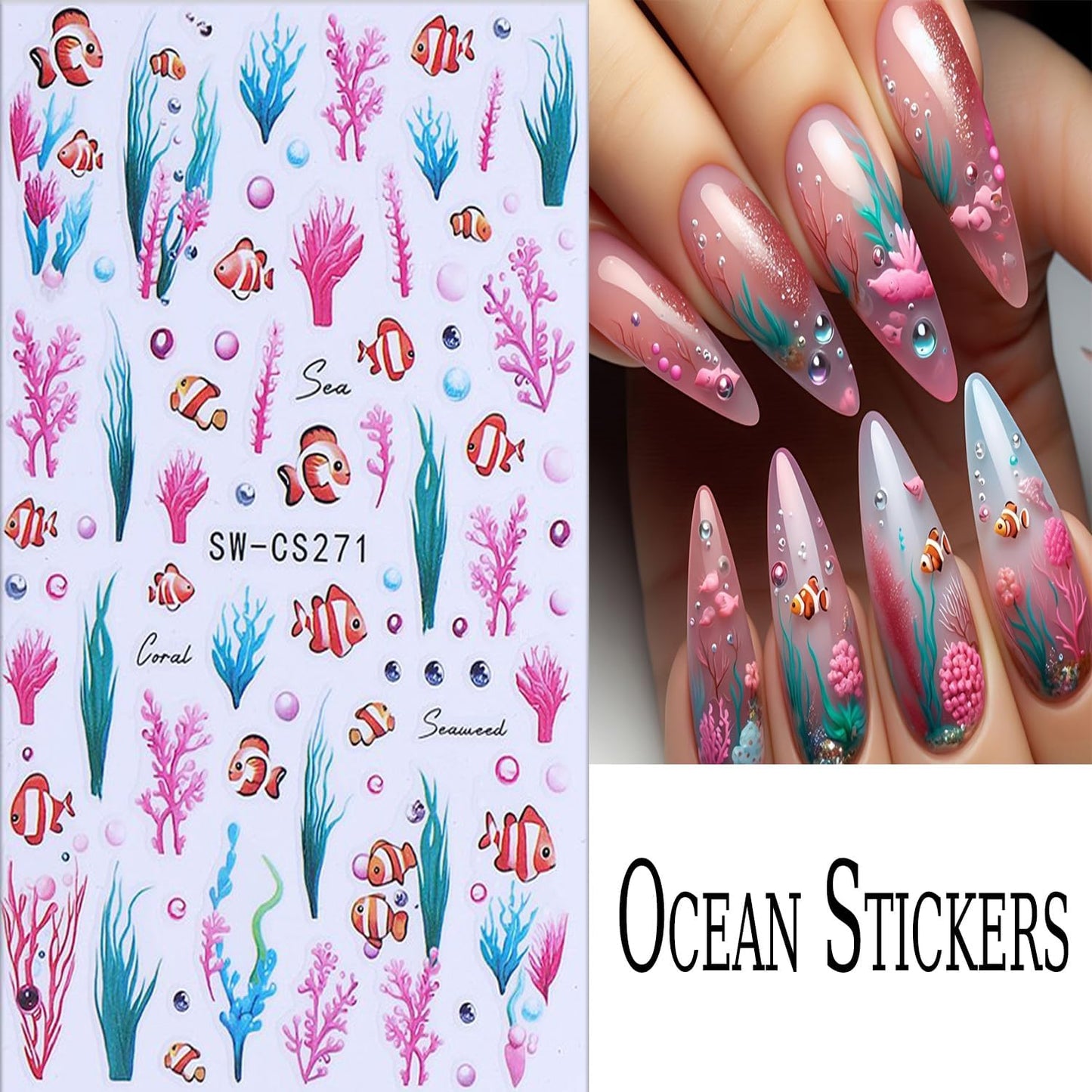 6 Sheets Ocean Plant Nail Art Stickers 3D Self -Adhesive Colorful Seaweed Shell Nail Decals Holographic Cute Fish Starfish Bubbles Nail Stickers Summer Nail Decoration for Women Manicure Supplies