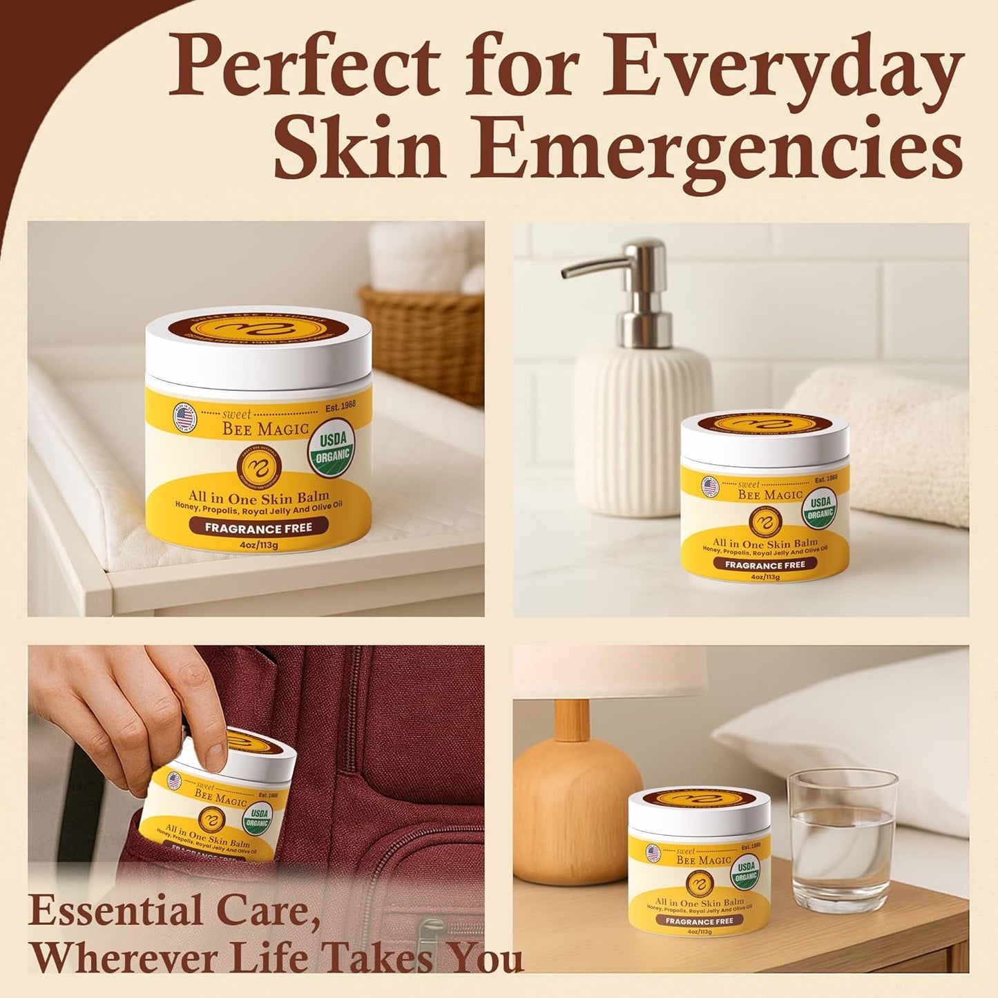 Sweet Bee Magic All In One Healing Organic Balm - Natural Skin Healing Cream, Beeswax Balm for Dry Skin, Face & Body Moisturizer - Certified Organic, All Natural Aid - 1 Jar (4oz)