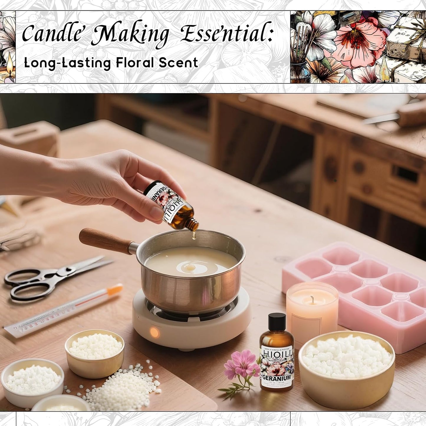 HIQILI Geranium Fragrance Oil for Home Diffuser, Relaxation, Essential Oil for Candle & Soap Making, Long-Lasting Scents, Car Freshies - 1 Fl Oz