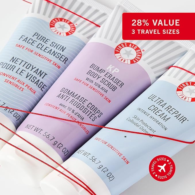 First Aid Beauty Cleanse, Smooth + Hydrate Kit - Skin Care Gift Set with Travel Size Facial Cleanser, KP Body Scrub & Ultra Repair Cream - Travel Friendly Skincare Set