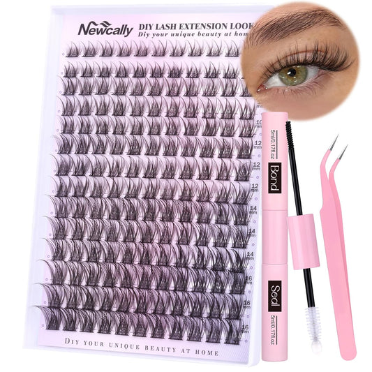 Natural Lash Clusters Kit DIY Lash Extension Kit Wispy Cluster Eyelash Extension 10-16MM C-curly Individual Lashes Kit Lash Bond and Seal by Newcally