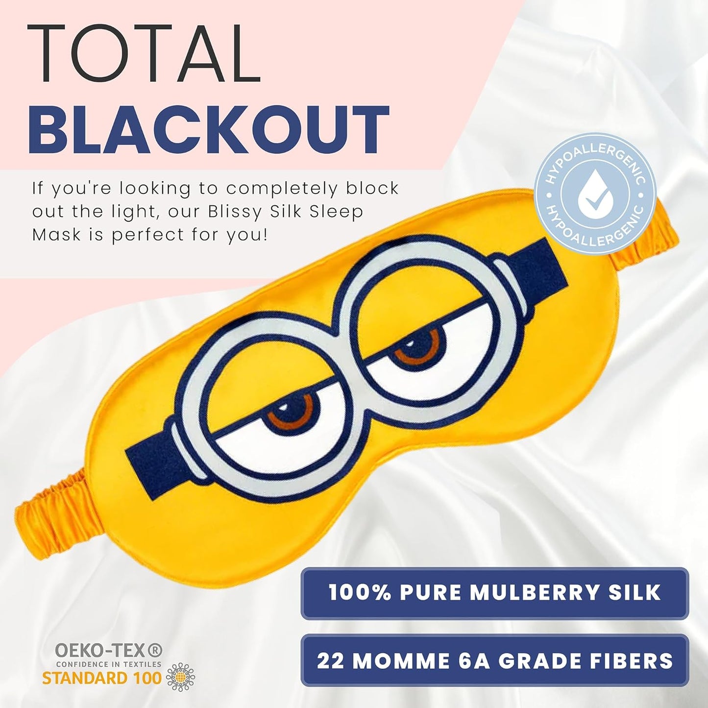 Blissy Silk Sleep Mask - Silk Eye Sleeping Mask for Women & Men for Total Blackout - 100% Pure Mulberry Silk, 22 Momme 6a Fibers - Blindfold Silk Sleep Mask Side Sleeper Eye Cover (Minion)