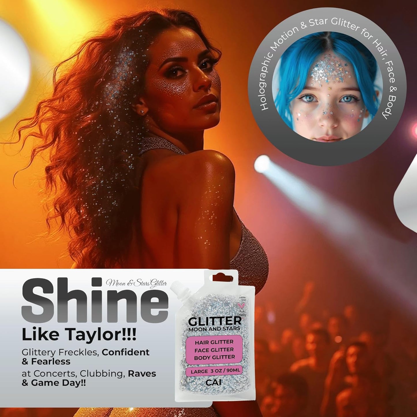 Face, Body & Hair Glitter Gel – Halloween Glitter for Kids and Women – 3 Oz Cosmetic-Grade Gel w/Moon & Stars for Festivals & Halloween Party, Easy Apply & Wash Off - Silver/Gold 2Pack