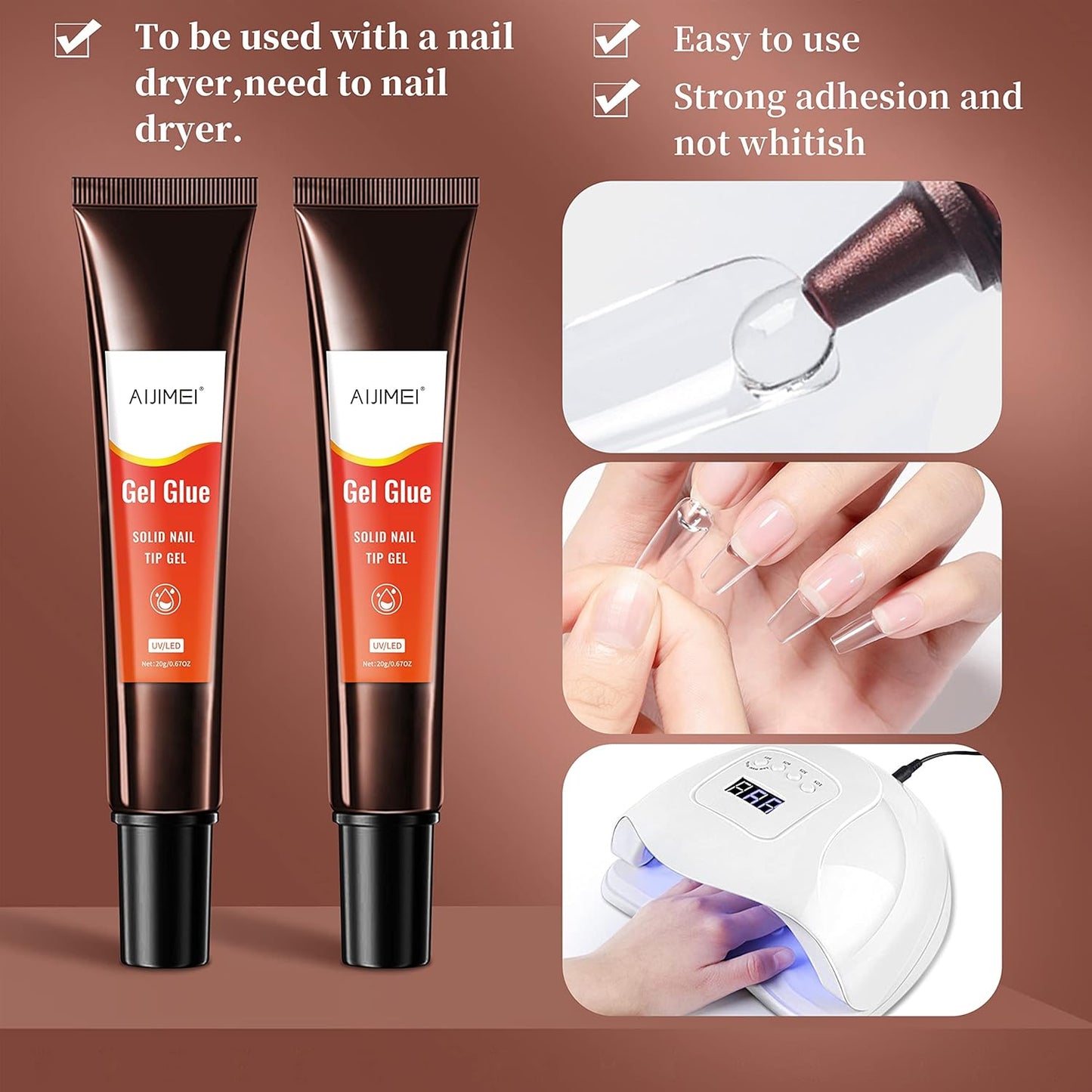 AIJIMEI Nail Gel Glue 20ml 2PCS for UV Acrylic Tips - Solid Adhesive for Fake Nails - UV Cured