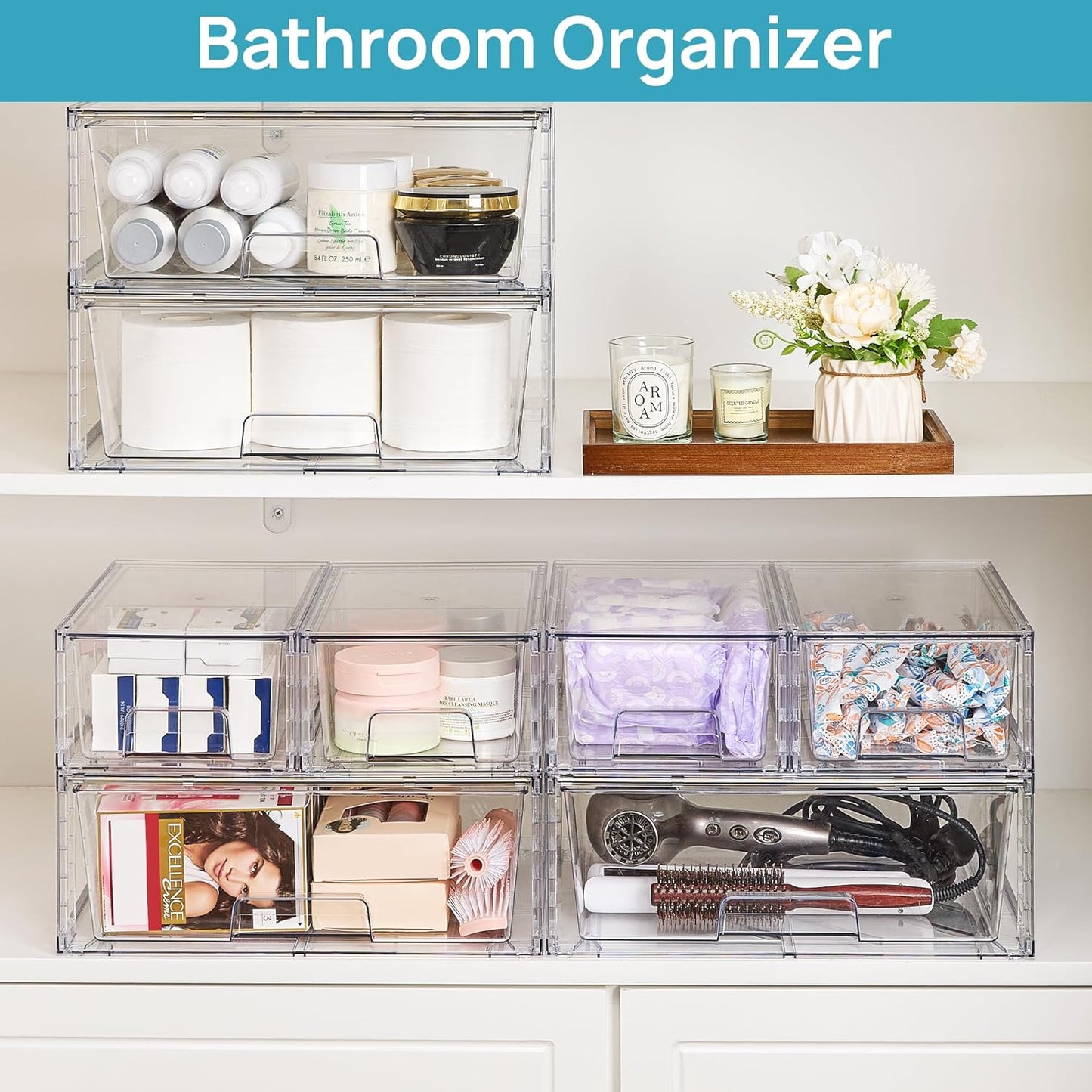 Vtopmart Clear Stackable Storage Drawers Set of 6, Easily Assemble Acrylic Bathroom Undersink Organizers,Plastic Storage Bins for Closet,Cabinet,Pantry,Medicine Organization