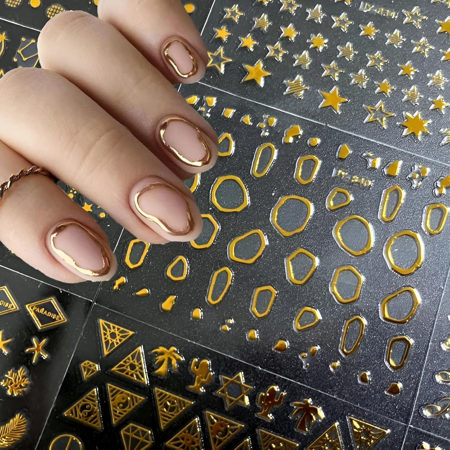 30 Sheets Gold Nail Art Stickers 3D Self-Adhesive Nail Decals Gold Line Star Nail Stickers for Acrylic Nails Gold Leaf Diamond Nail Supplies for Women