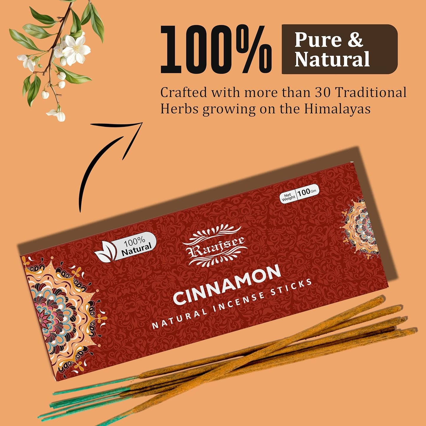 Raajsee Cinnamon Incense Sticks 100gm, Charcoal Free - !00% Natural - Organic Non-Toxic Insence Sticks, Inscents Made with Upcycled Flowers, Meditation Gifts – Spiritual Cleansing