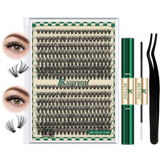DIY Lash Extension Kit 280pcs Individual Lashes D Curl Eyelash Extension Kit 40D+50D 9-16Mix Natural Lash Clusters with Lash Bond and Seal and Lash Applicator for DIY at Home（KIT-40D50D-0.07D-9-16Mix）