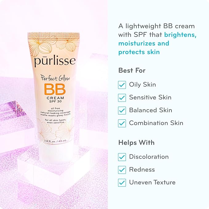 pūrlisse Perfect Glow BB Cream with SPF 30 - Matte Meets Dewy Finish - Enriched with Goji & Hawthorn Berry to Help Improve Skin Texture & Radiance - Light Medium (1.4 oz)