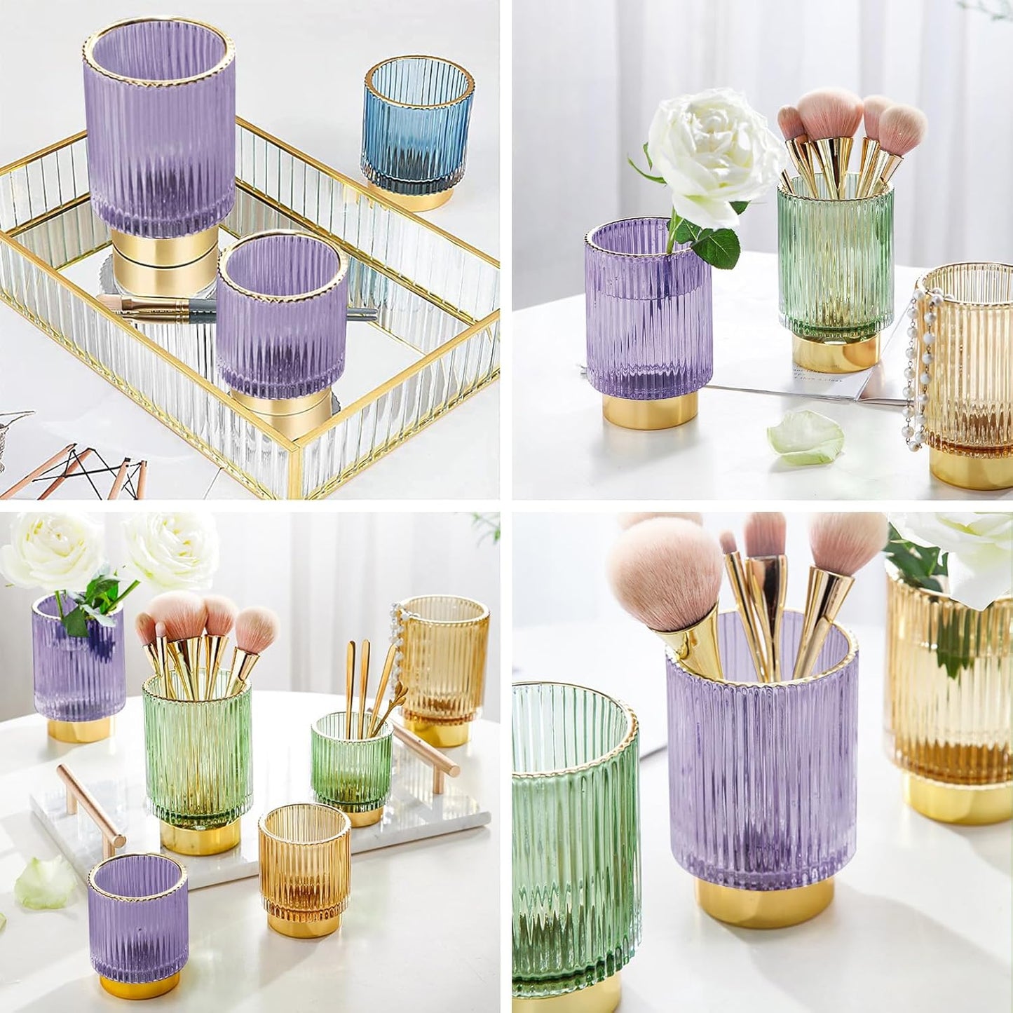 DASITON Makeup Brush holder Organizer,Crystal Cosmetic Makeup Brush Glass Brushes Storage Holder, Vintage Make Up Brush Cup Pen Pencil Holder striped vase(Purple L)