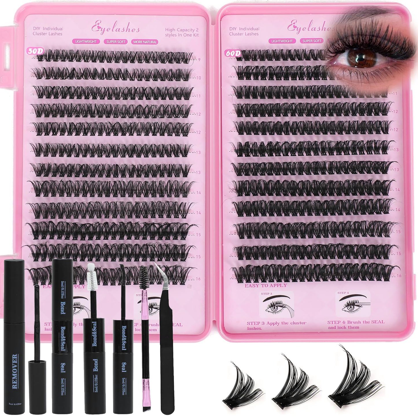 Lash Clusters Kit, Eyelash Clusters Individual Lash Extension Kit 480 Pcs D Curl Fluffy Wispy False Eyelashes Extensions Thin Band with Bond Seal Tweezers Brush Remover (50D+60D Kit 9-16mm)