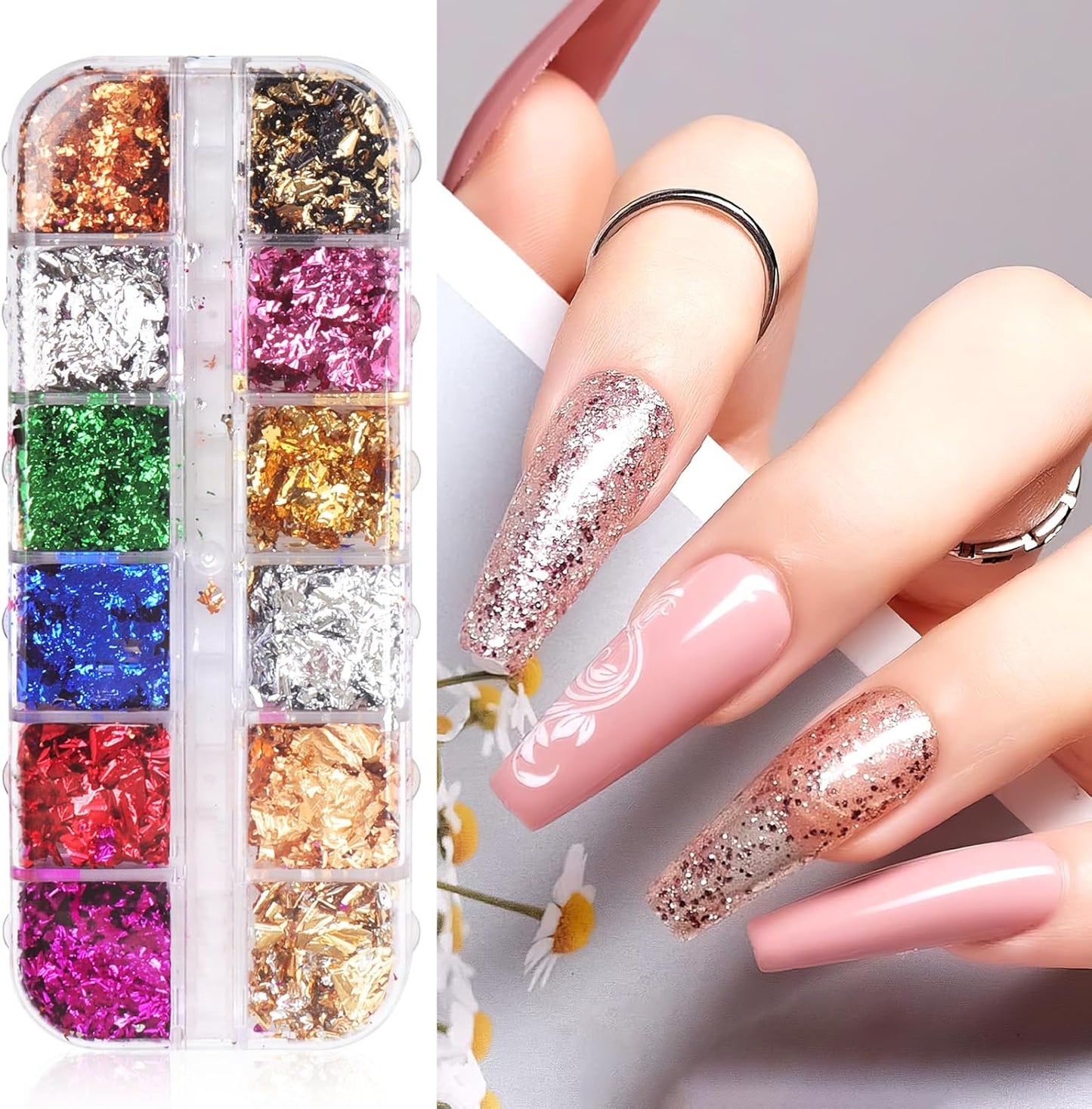 12 Grids Nail Art Foil Flake Glitter 3D Glitter Decoration Acrylic Nail Art Supplies Sequin Flakes Glitters Sticker Decoration Kit for Women Manicure Face Body DIY Decoration