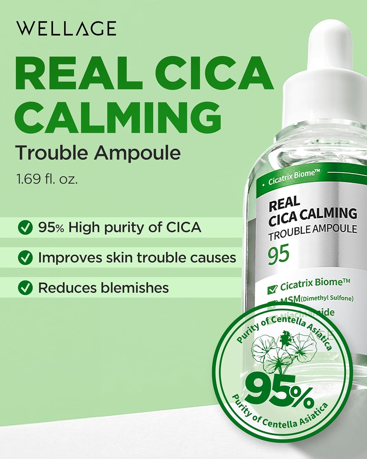 WELLAGE Real Cica Calming Trouble Ampoule - Korean Skincare Soothing Serum, Madecassoside Centella Asiatica Panthenol Niacinamide, Relief Redness, Sebum Control, Improves Blemishes, 1.69 fl.oz.