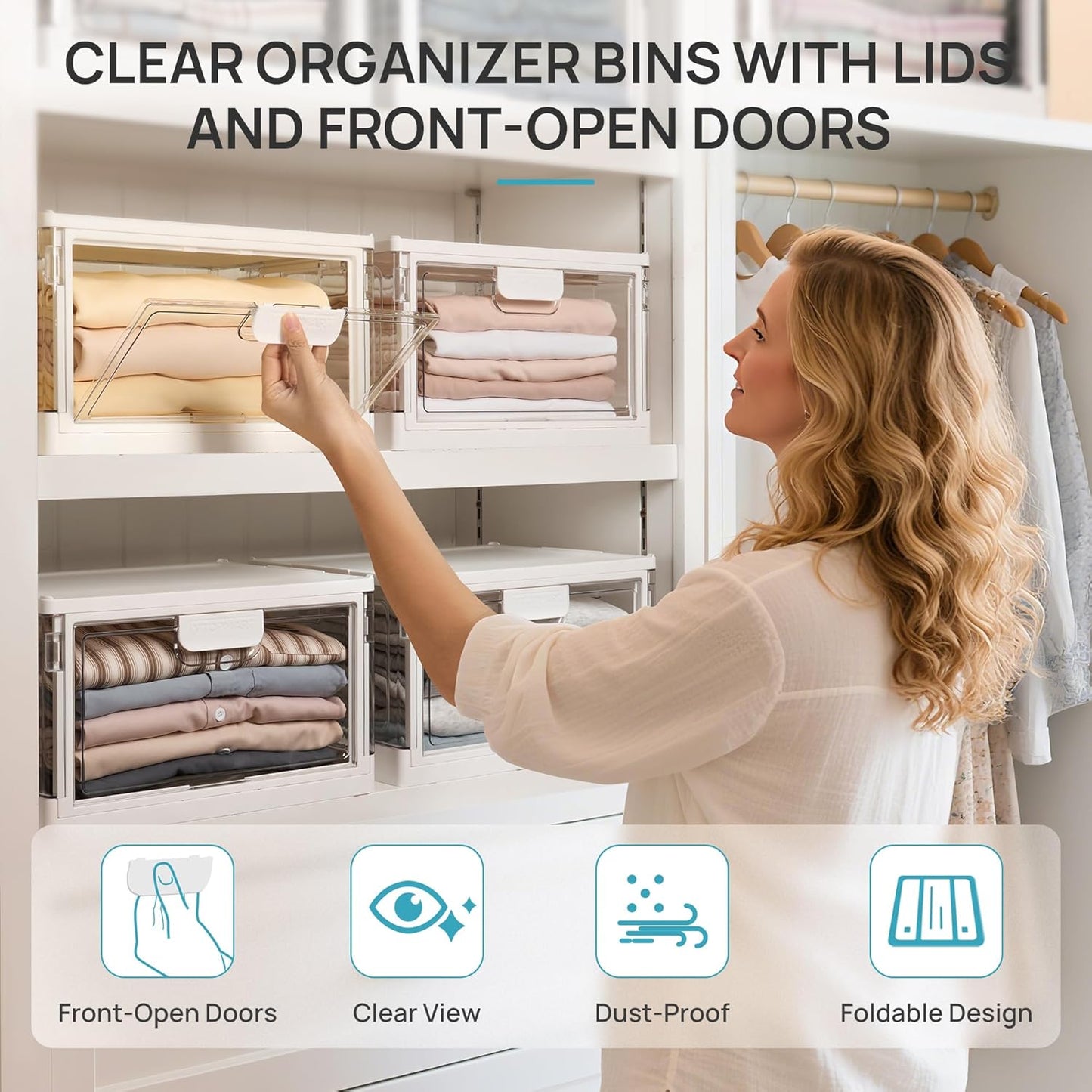 Vtopmart 1 Pack Stackable Storage Bin with Lid,24QT Clear Foldable Closet Organizer with Front-Open Doors,Plastic Storage Containers for Living Room, Bedroom, Craft Room, Dorm Organization