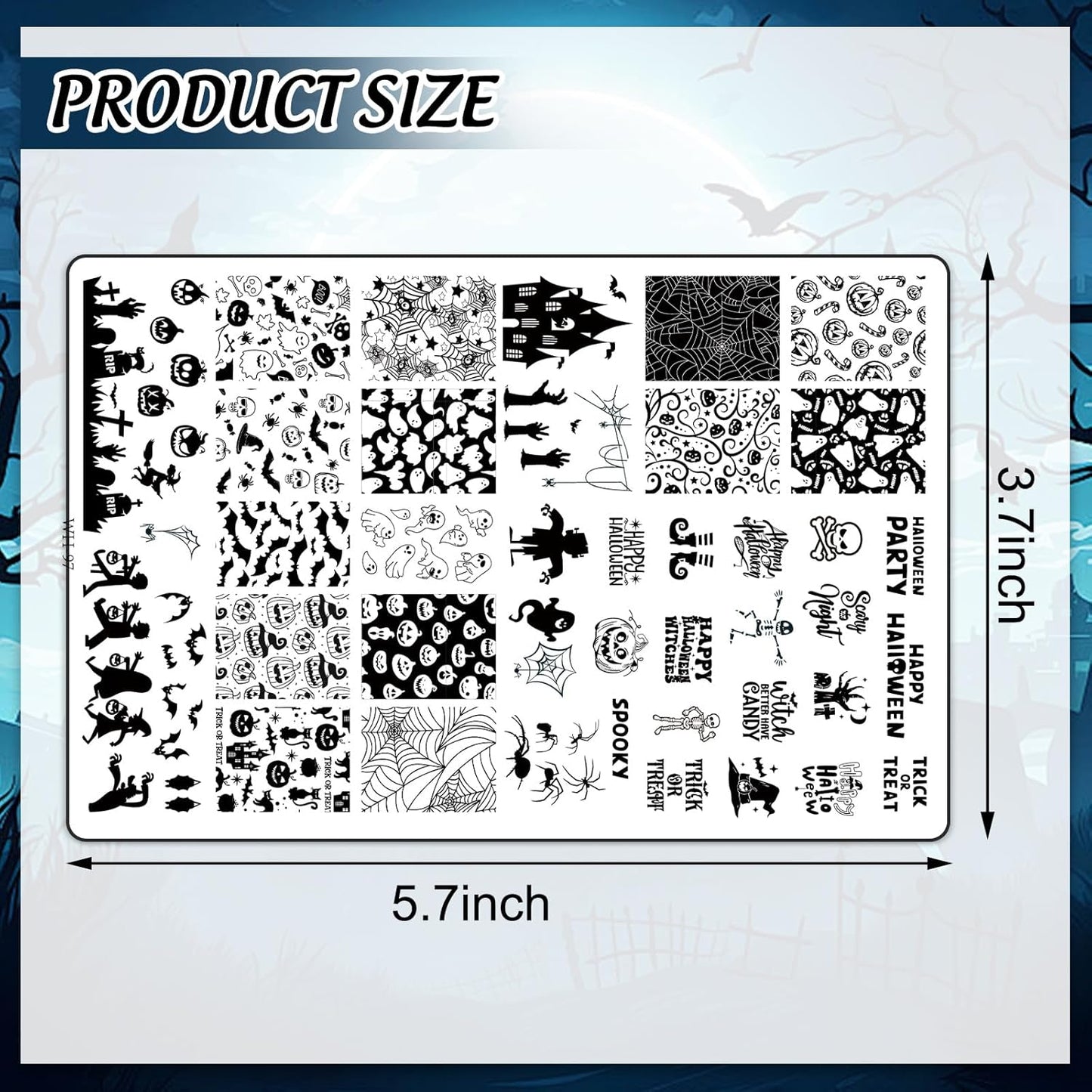 2Pcs Halloween Nail Art Stamping Plate Kit Skull Bat Witch Pumpkin Design Nail Art Plate for Holiday DIY Print Manicure Salon