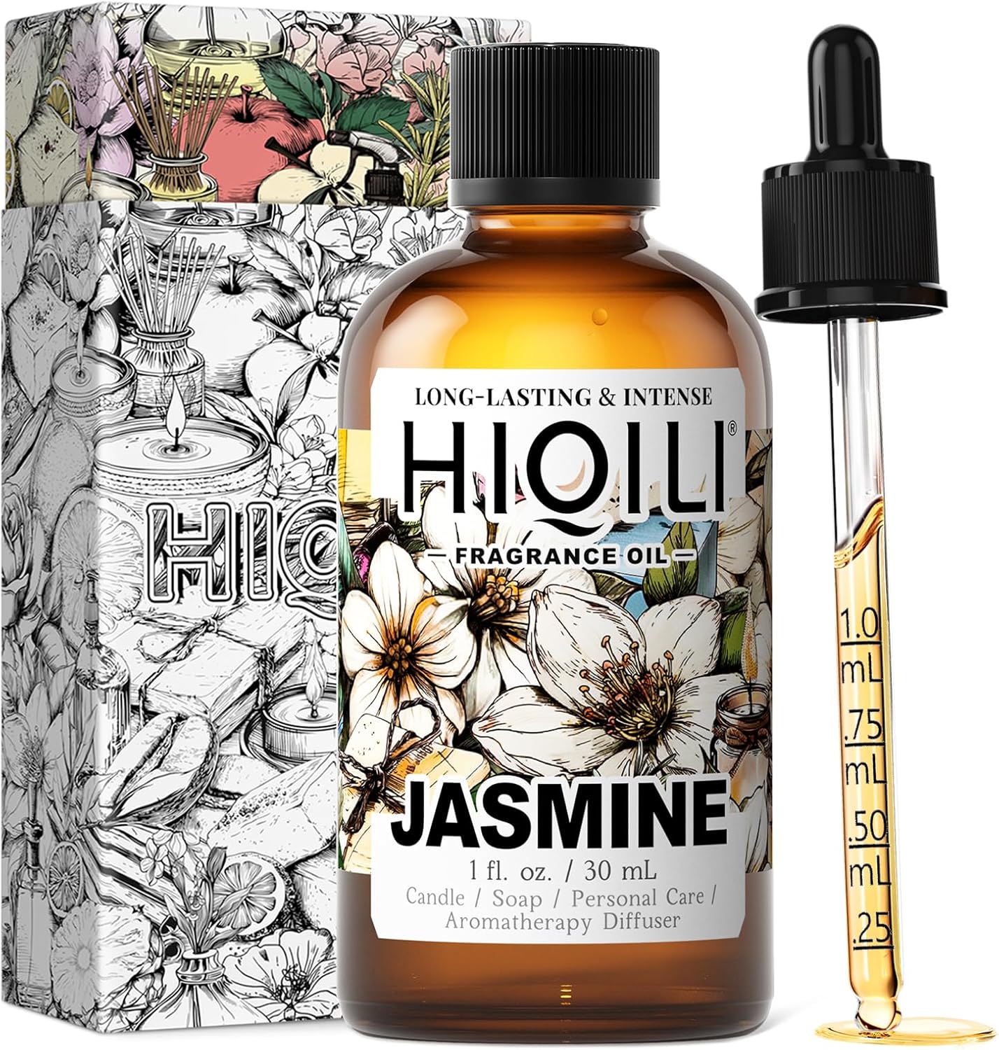 HIQILI Jasmine Fragrance Oil for Aromatherapy Diffuser, Floral Scent for Candle, Perfume Making, Skin Care, Laundry Essential Oil - 1 Fl Oz