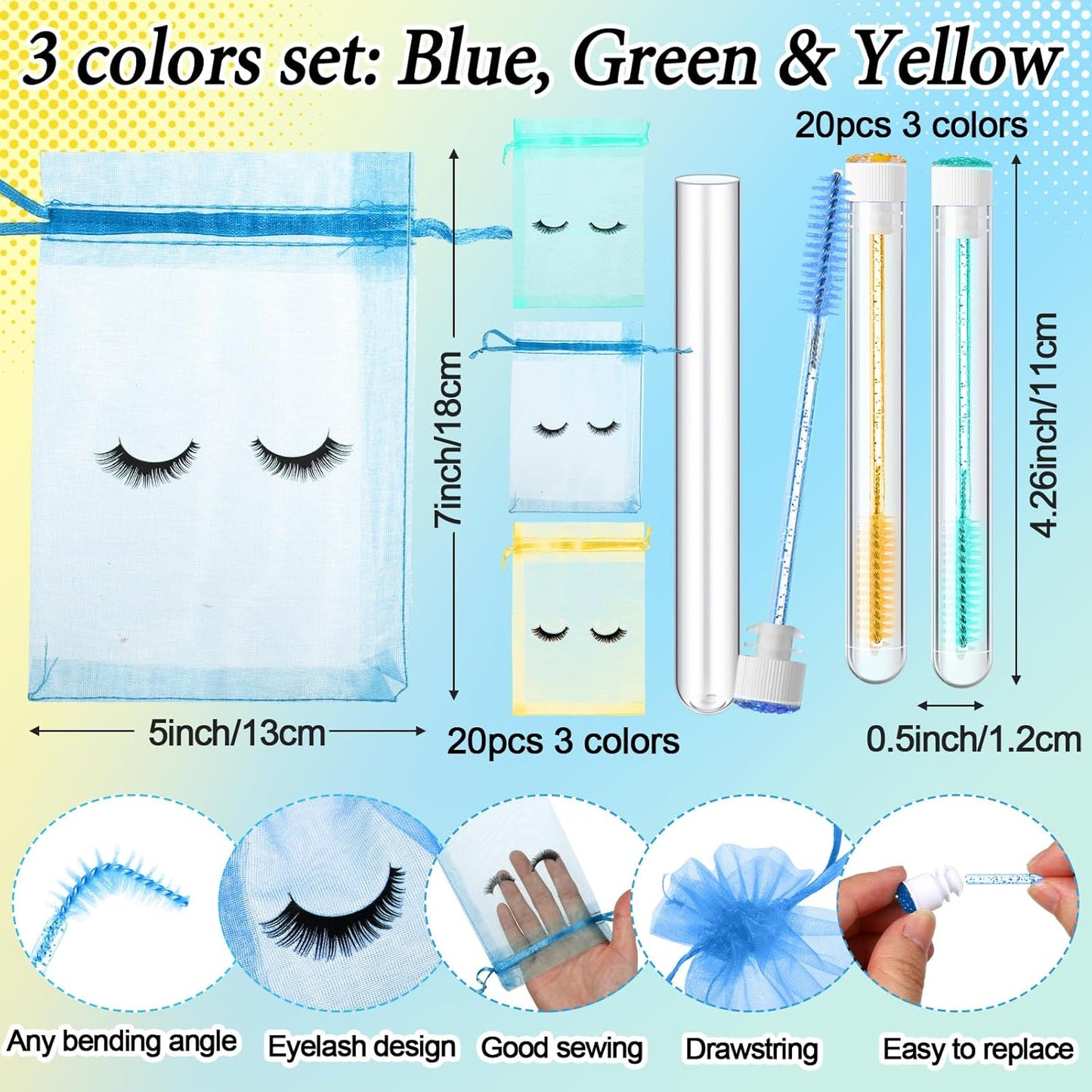 Zhehao 80 Pcs Lash Shampoo Bottle Brushes Kit 20 Foam Pump Dispensers 20 Lash Shampoo Brushes 20 Eyelash Aftercare Bag 20 Cleaning Pipes, Eyelash Extension Supplies (Multicolor)