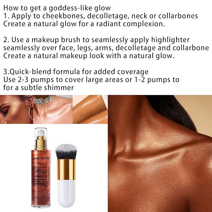 Shimmer Body Oil, Face and Body Liquid Luminizer Waterproof Moisturizing, Light Shimmer Glow Illuminator, Smooth Body Highlighter Makeup Liquid Body Shimmer (3# Bronze Gold)