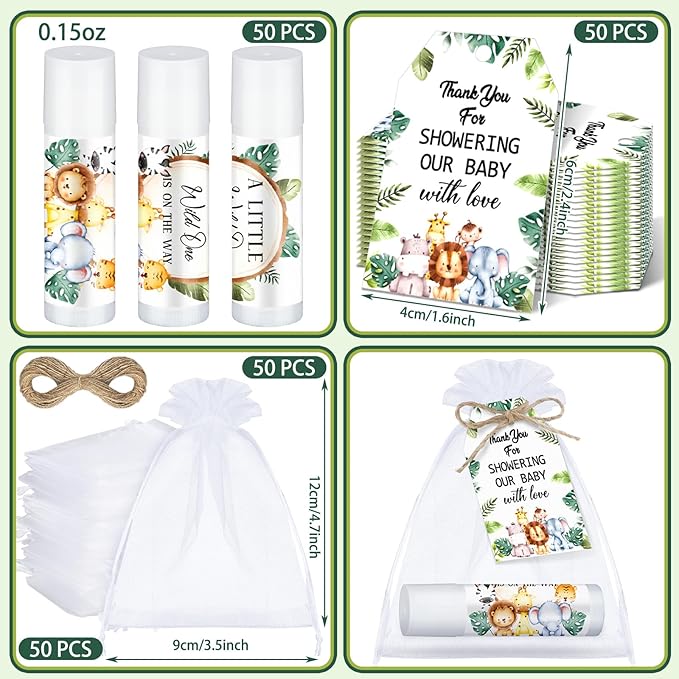 Dunzy 50 Pack Baby Shower Party Gifts Favors Bulk Lip Balms for Guests Boys Girls Games Neutral Gender Reveal Favors Baby Shower Prizes Souvenirs Bags Stuffer(Jungle Animal)