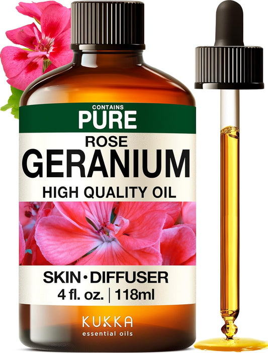 Kukka Rose Geranium Essential Oil for Skin - 4 Fl Oz - Geranium Oil for Diffuser & Aromatherapy, DIY Soap Making Scents