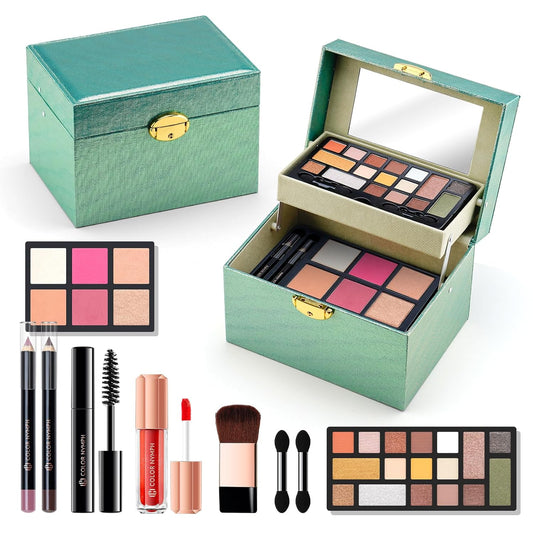 Color Nymph Beginner Makeup Kit For Teens, Girls Makeup kits With Recyclable And Key-Lockable Cabinet Included 17-Colors Eyeshadows Blushes Bronzer Highlighter Lipstick Brushes Mirror(Green)