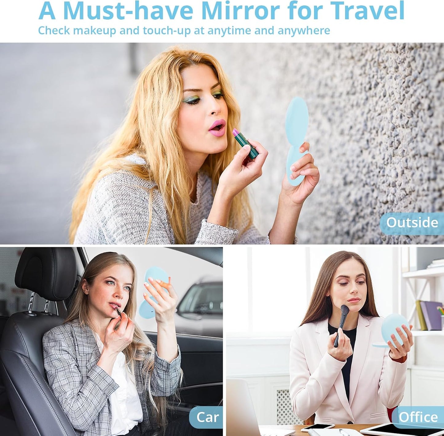 Fabuday Travel Compact Magnifying Makeup Mirror with Lights - Large 4.8'' Wide Led Lighted Portable Mirror with 1x/20x Magnification, Rechargeable Small Foldable 3 Color Lighting Mirrors, Blue