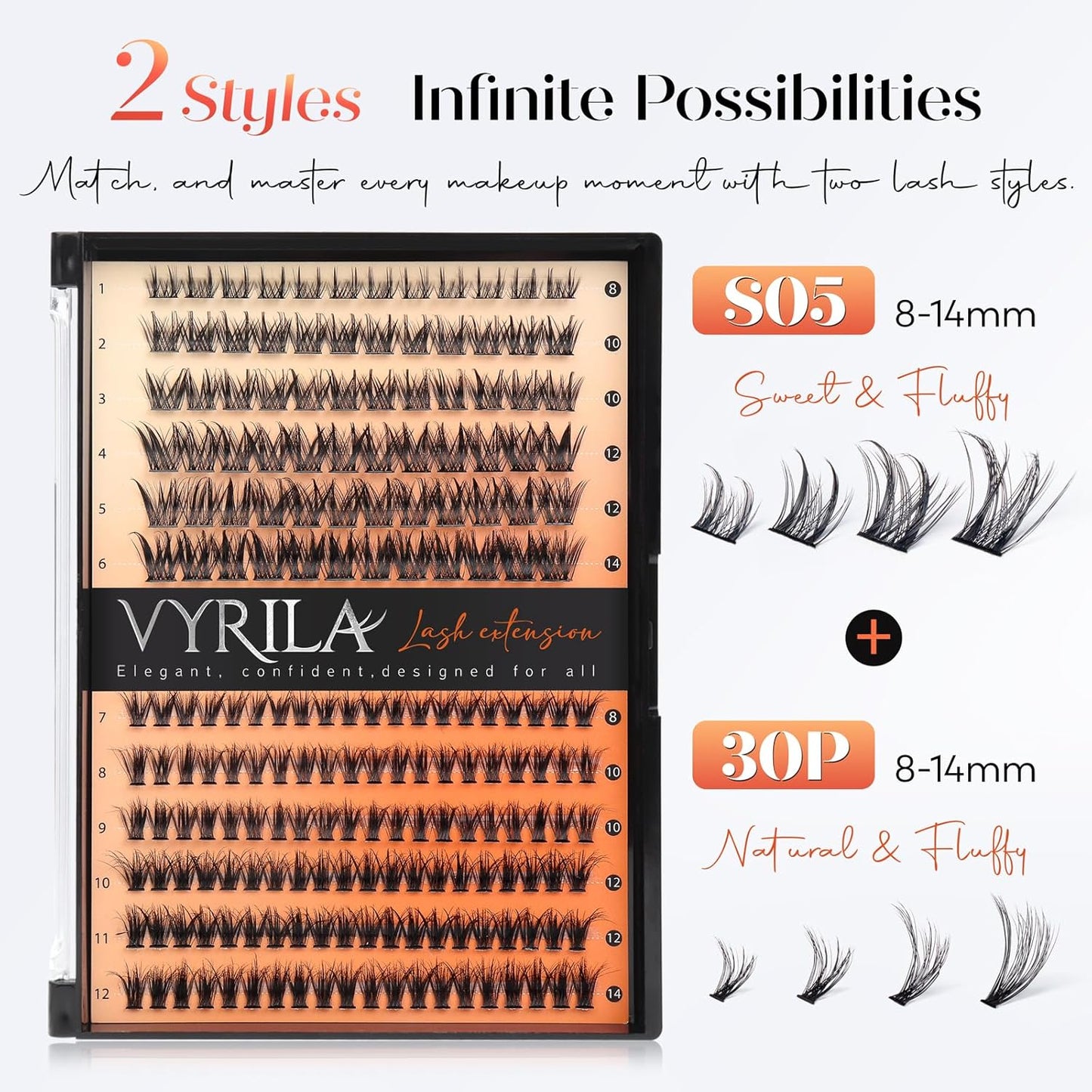 Lash Clusters-VYRILA 0.07mm Wispy Eyelashes C Curl Eyelash Clusters 8-14mix Individual Lashes Extension DIY at Home (30P+S05 192pcs-8-14mix)
