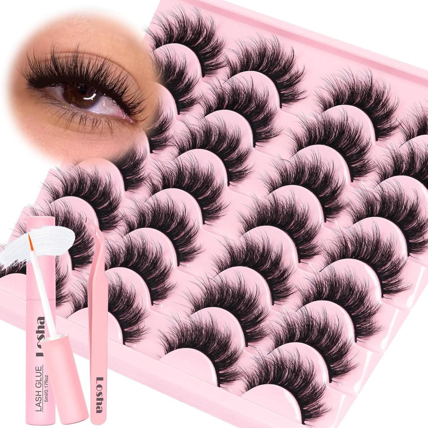 Losha Lashes Fluffy False Eyelashes 5D Volume Eye Lashes Kit with Lash Glue and Lash Tweezers 14 Pairs Vegan Fake Eyelashes Soft Faux Mink Lashes Pack (Thrives)