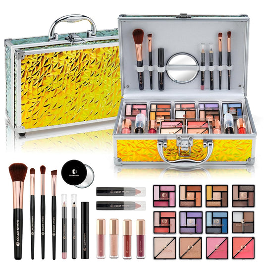 Color Nymph Beginner Makeup Kit for Teens, Train Case Girls Makeup Set with Eye Shadow, Lipstick, Blush, Brushes, Lipgloss, Mascara, Brow Wax and Mirror Green Full Starter Cosmetics Set
