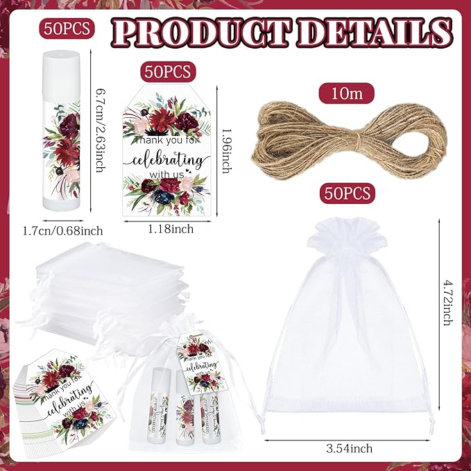 Dunzy 50 Pack Bridal Shower Favors Gifts Bulk Burgundy Floral Lip Balms Party Supplies Wedding Party Favors Bachelorette Prizes Souvenirs Thank You Appreciation Gifts for Guests Women Coworker Staff