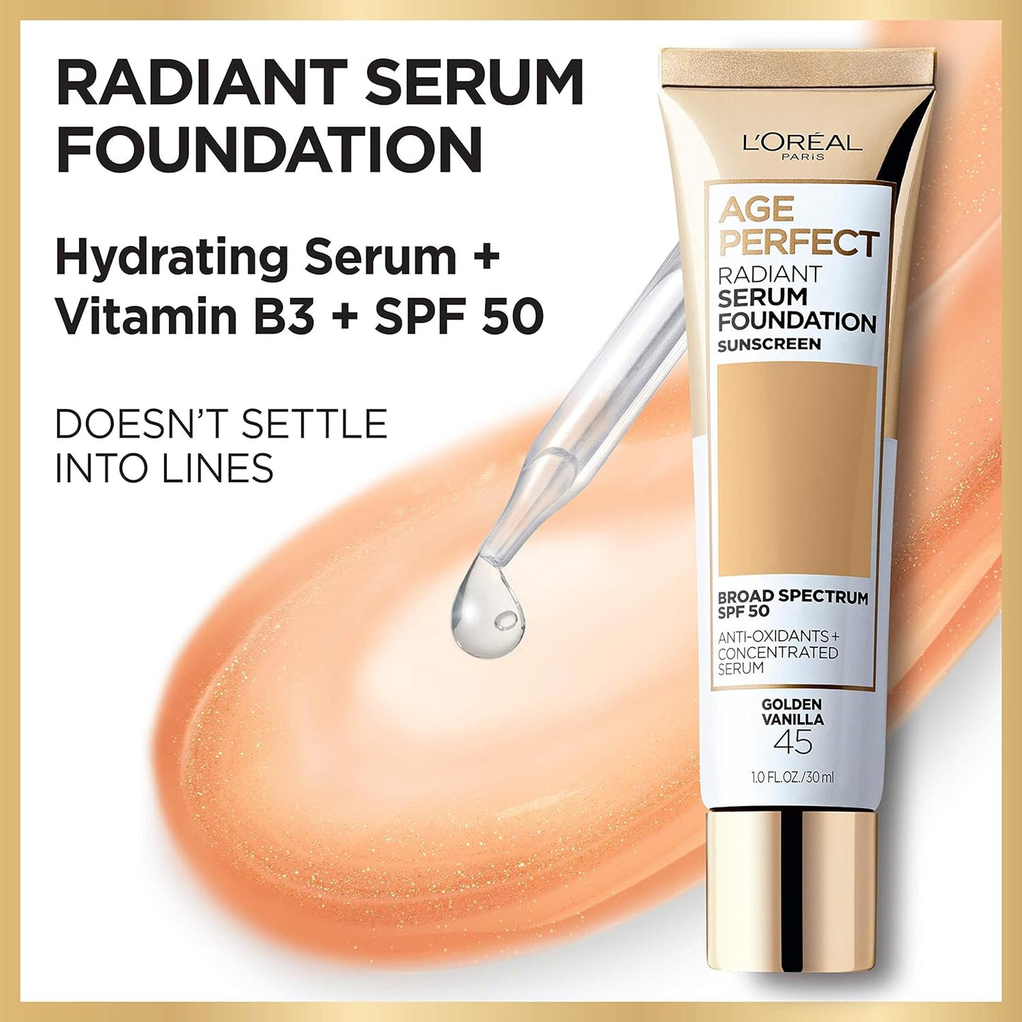 L'Oreal Paris Age Perfect Radiant Serum Foundation with SPF 50, Honey Rose, 1 fl. oz.