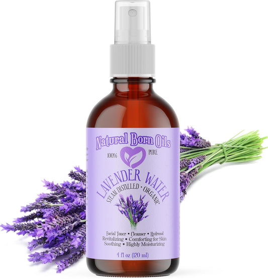 Natural Born Oils 4oz Lavender Water Hydrosol, 100% Pure and Natural, Organic, Steam-distilled, Facial Toner Cleanser, with Sprayer