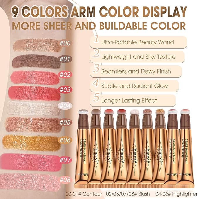 Liquid Highlighter Beauty Wand, Cream Liquid Highlighter Stick with Cushion Applicator, Lightweight Blendable, Long Lasting Silky Cream Highlighter Stick | 5# Highlight Rose Gold