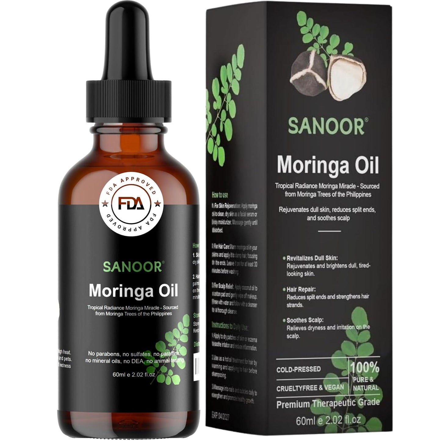 Moringa Miracle Oil | FBA Approved | 100% Pure & Cold-Pressed | Deeply Hydrating Oil for Hair & Skin with Natural Nutrient-Rich Hair Butter for Strength & Shine | 2.02oz (60ml)