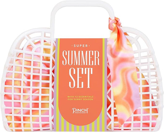 Pinch Provisions Super Summer Jelly Tote, 12 Beach & Poolside Accessories For Beauty, Perfect for Pool & Beach Days, Includes Oil Absorbing Roller, Rechargable Fan, Towel Clips, & Ice Roller