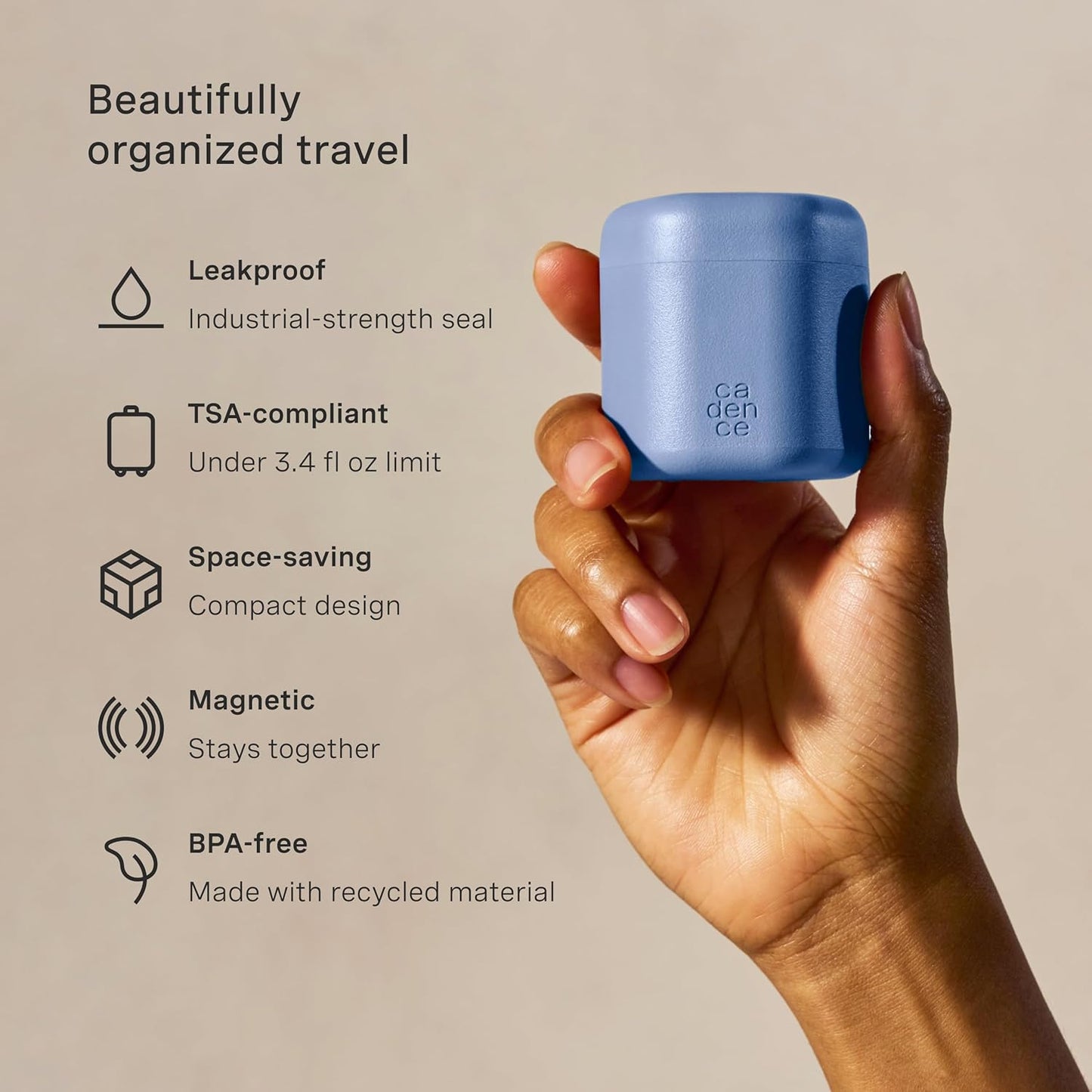 Cadence Travel Containers - Core Skincare Set - Magnetic Containers with Lids,2 Small (0.56oz) & 3 Medium (1.32oz) - Cleanser, Moisturizer, Serum, Makeup Remover & Sun Icon Labels - Pacific