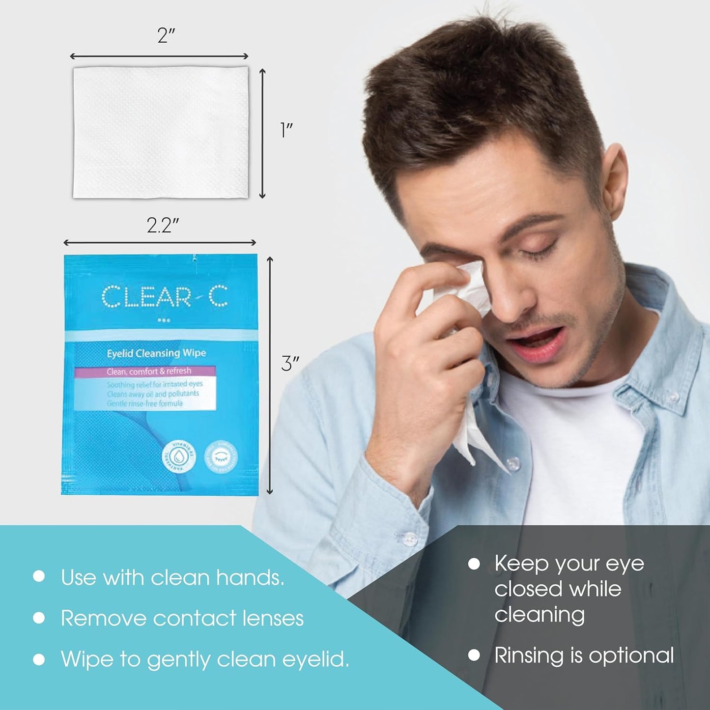 Clear C Eyelid Wipes Pre-Moistened for Dry Eyes – Rinse Free Eye Lid Cleaning Wipes – Individually Wrapped Travel Eye Wipes, 3 Boxes of 30