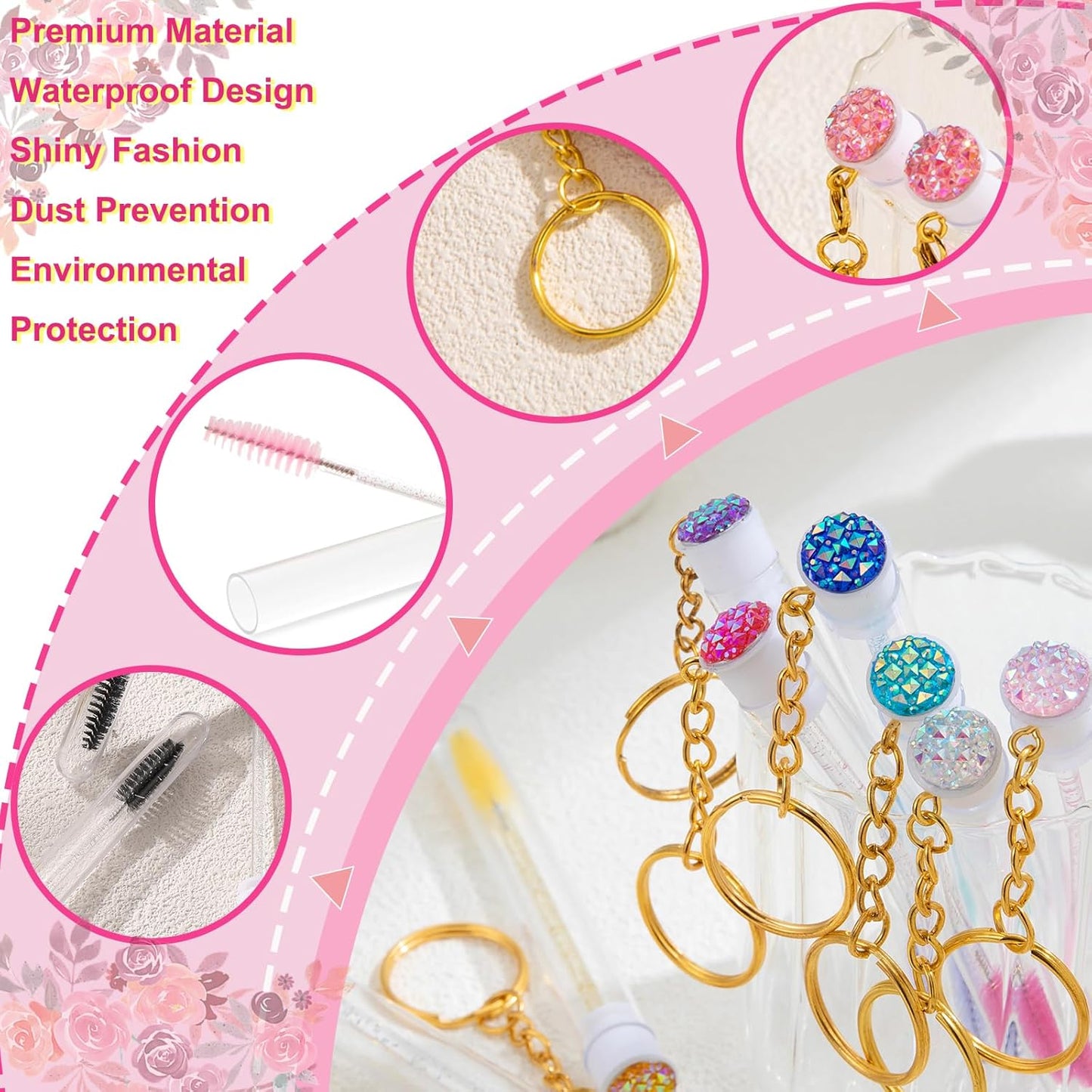 Upgrade 48 Pieces Disposable Mascara Wands Set, Include 24 Pcs Crystal Lash Spoolies Brush and 24 Pcs Reusable Keychain Empty Eyelash Brush Tubes