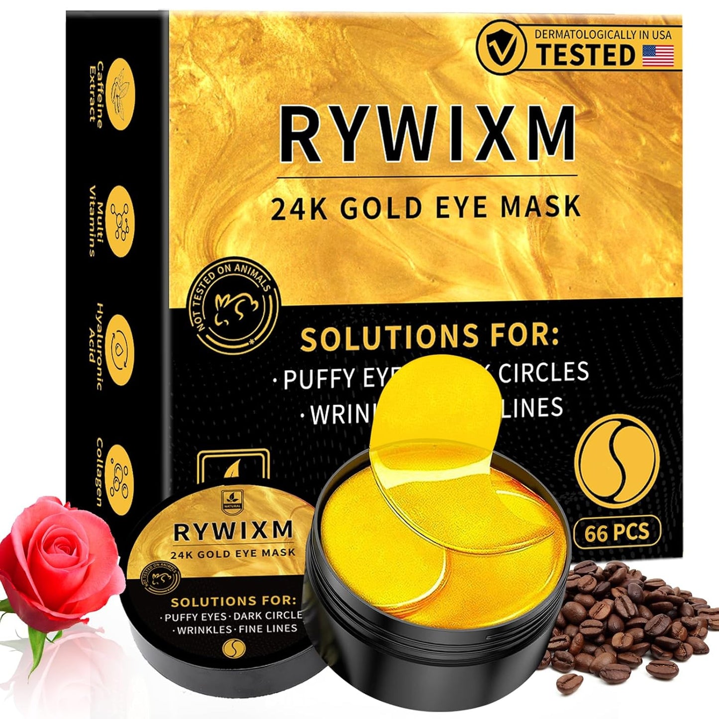 24K Gold Eye Masks for Dark Circles and Puffiness 66PCS, Under Eye Patches for Puffy Eyes Treatment, Under Eye Mask w/Caffeine, Hyaluronic Acid, Peptides for Eye Bags Treatment, Eye Mask Skincare