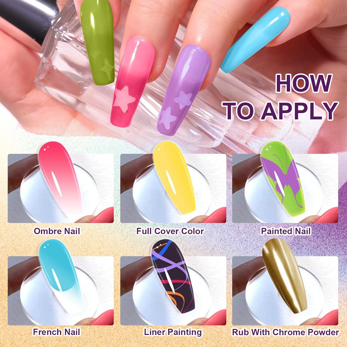 Gradient Painting Gel, 24 Gliter Colors Ombre Gel Nail Polish for Pigment Pat Silver&Gold Aura Nails, French Manicure DIY Nail Art Long-lasting No-wipe Palette B