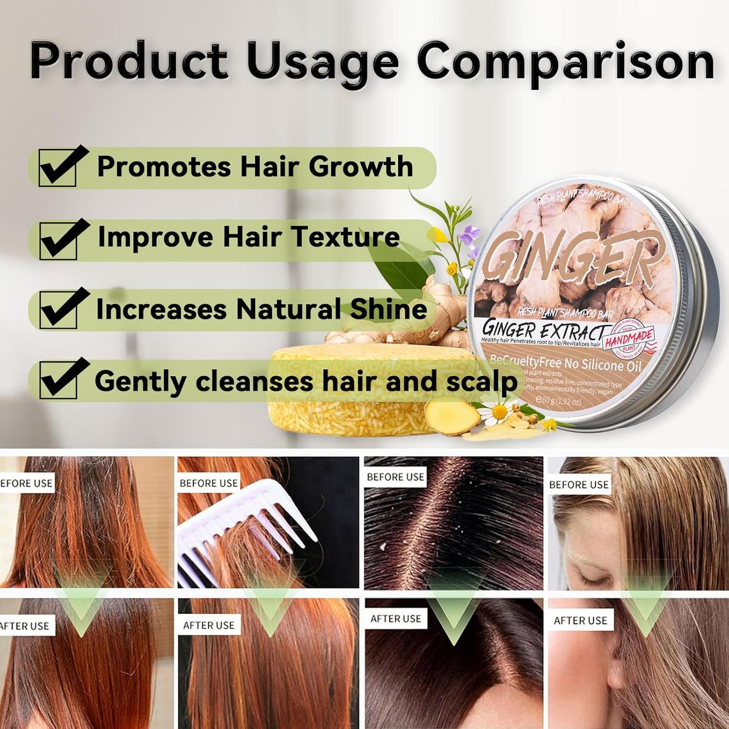 2PCS Ginger Shampoo Bar for Gray Hair, Natural Organics Shampoo and Conditioner Bar for Thinning Hair for Men & Women (Ginger)